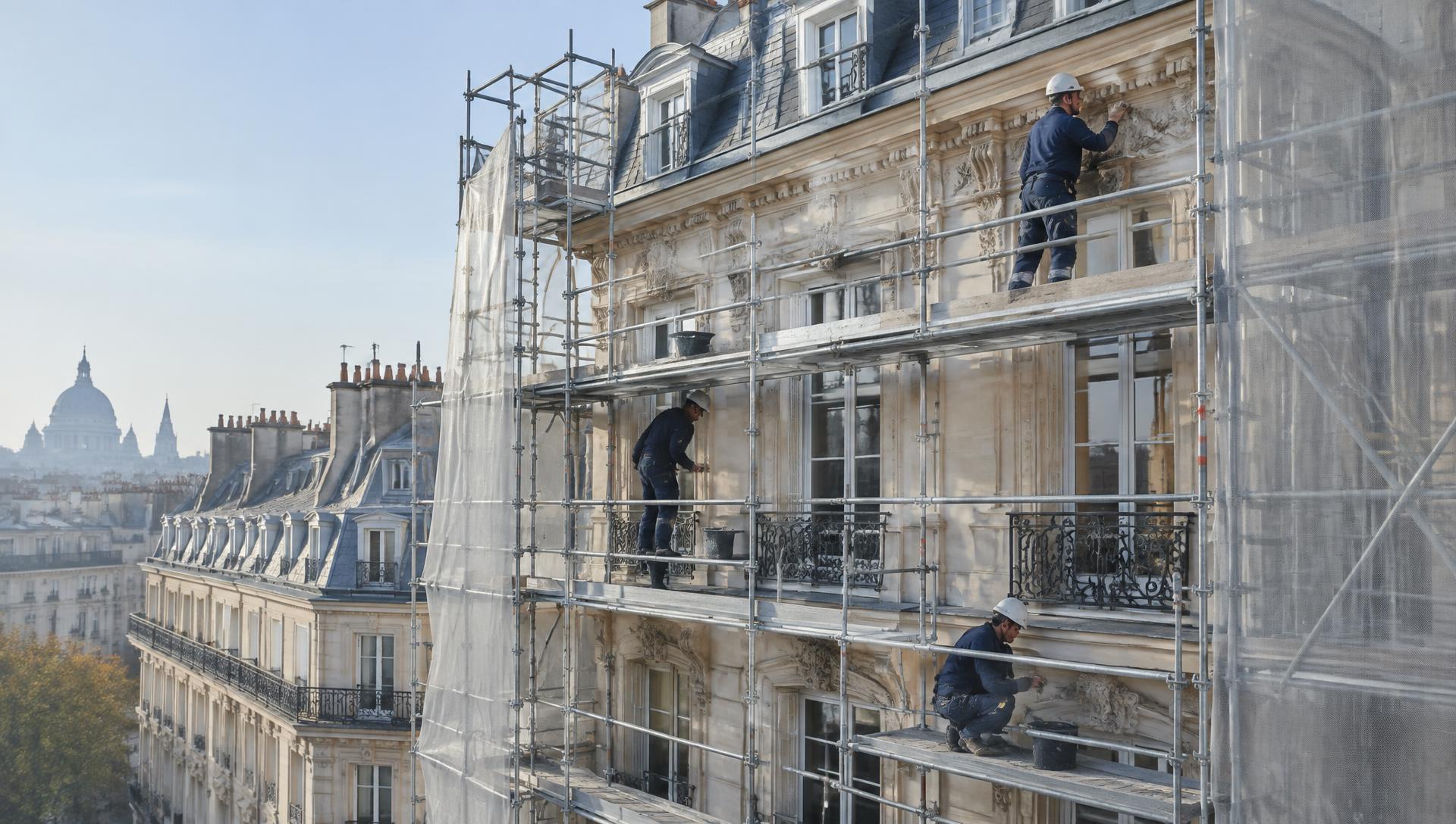 Équipe Muréo sur l'échafaudage d'une façade haussmannienne en rénovation à Paris